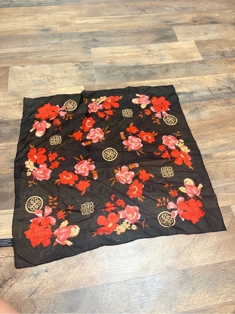 Vintage Style Black Floral Scarf Sheer Square Scarf Red Pink Flowers Gold Accent
